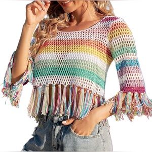 Knitted Sweater rainbow color crop top with fringe Y2K size XL